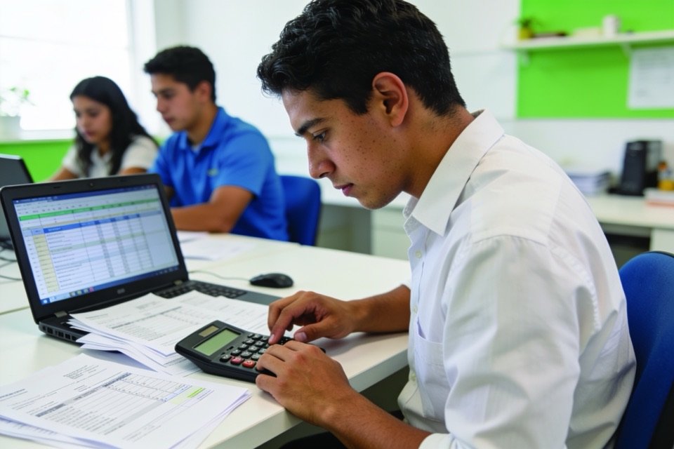 Aprendiz organizando cuentas con calculadora y hoja de cálculo