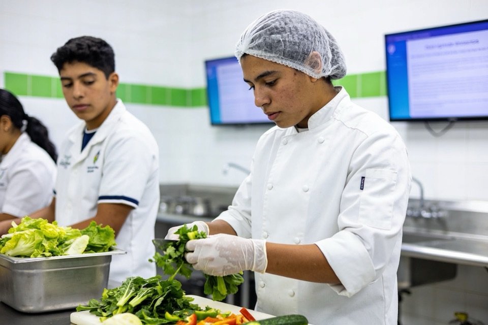 Aprendiz de cocina preparando alimentos con buenas prácticas de higiene