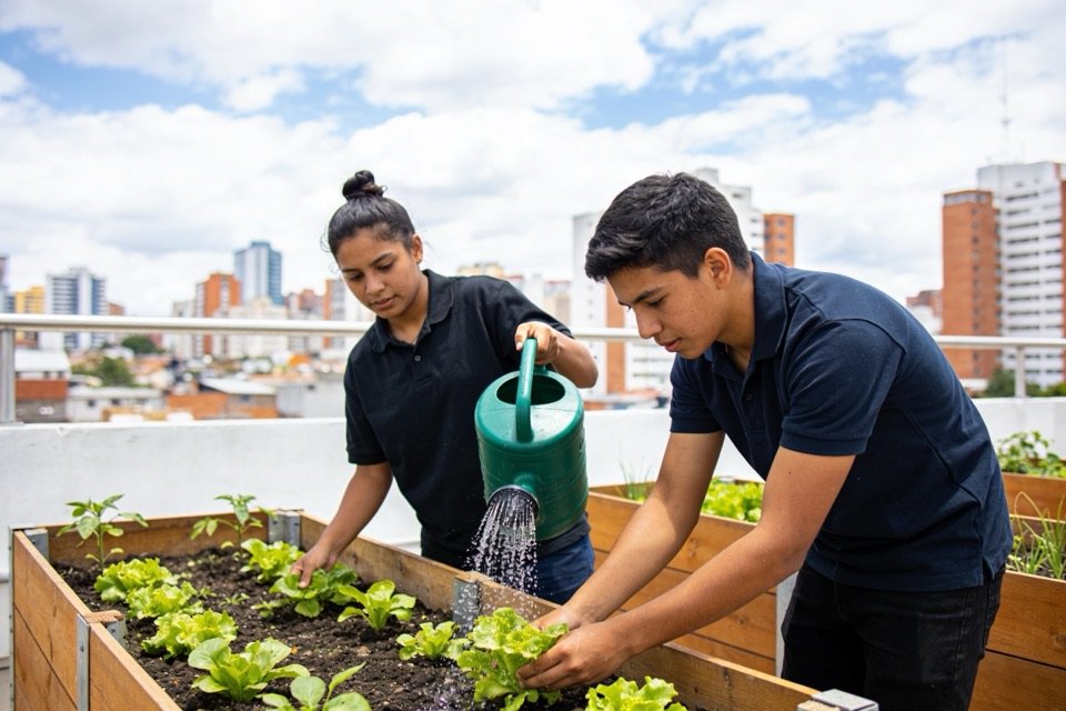 Jóvenes cuidando una huerta urbana