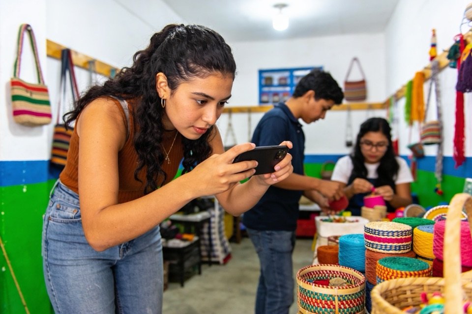 Emprendedora fotografiando productos con su celular para redes sociales