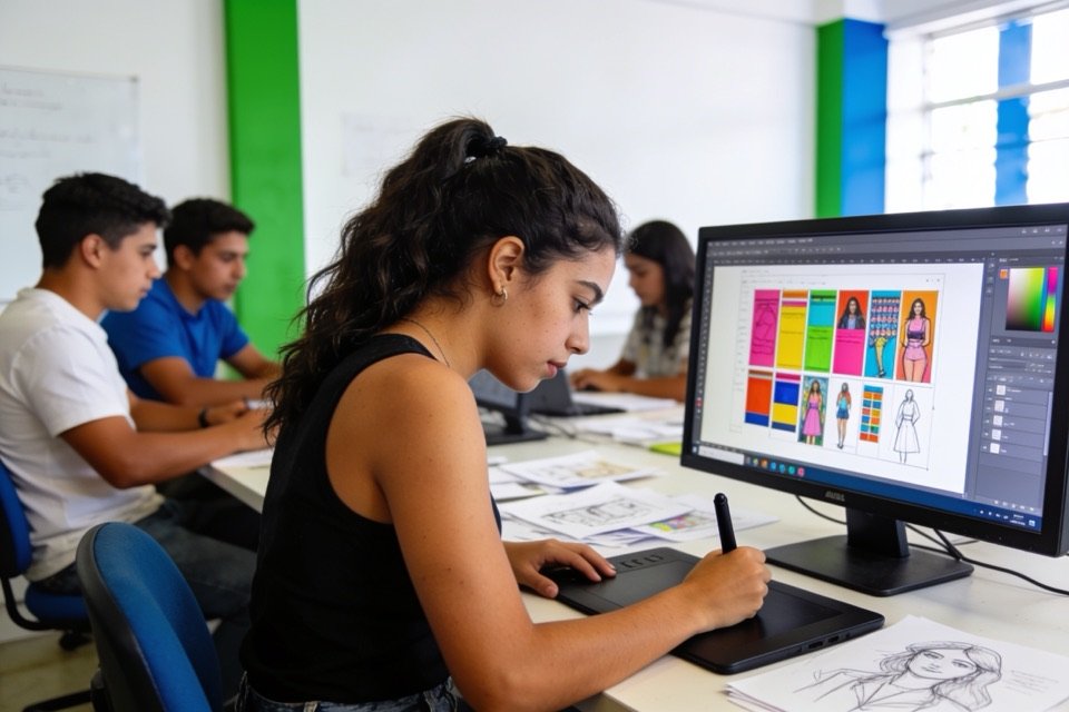 Diseñadora gráfica trabajando con tableta digital