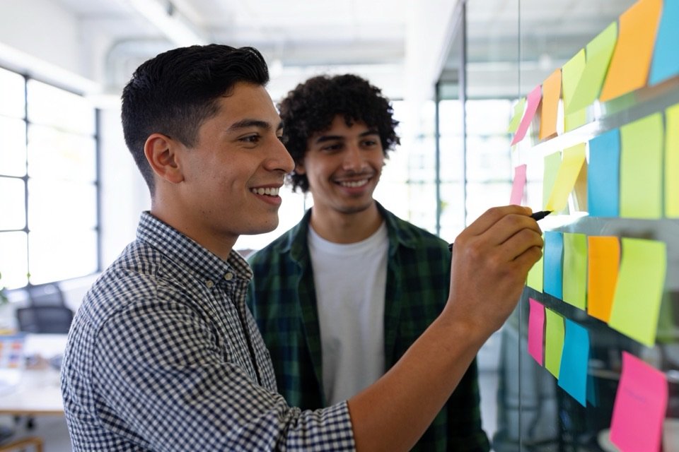 Jóvenes planeando un negocio con notas adhesivas