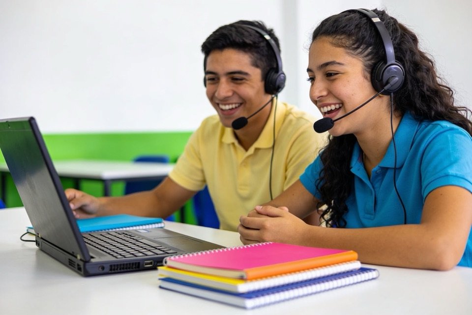 Estudiantes practicando conversación en inglés con audífonos
