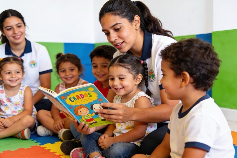 Educadora leyendo un cuento a niños pequeños