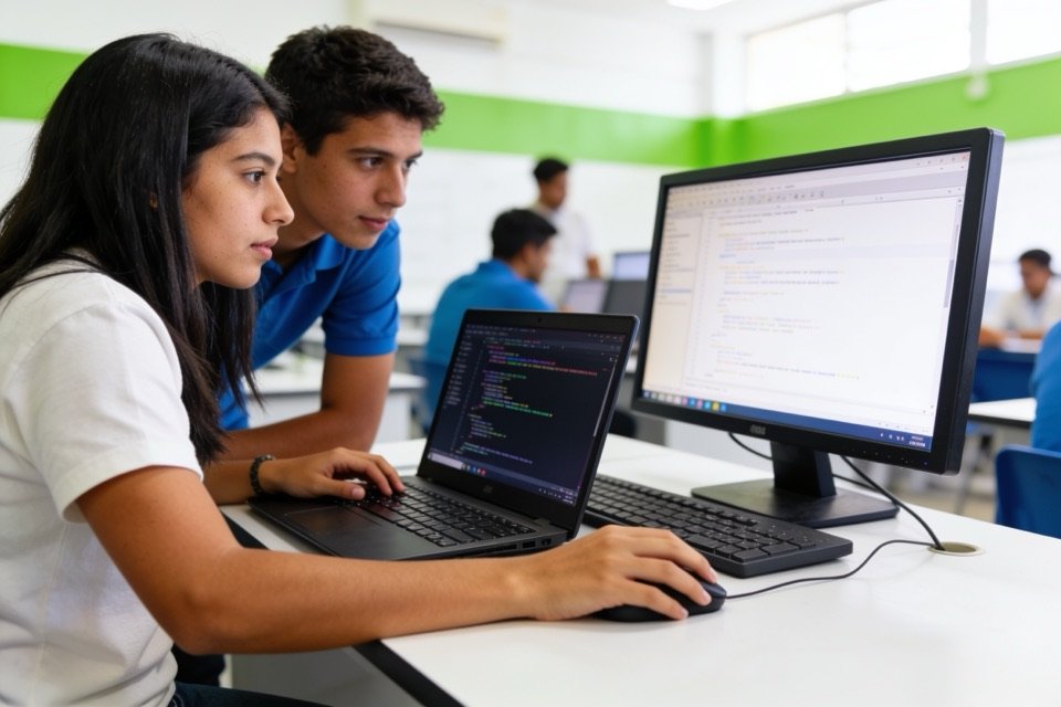 Aprendiz programando en su portátil en un laboratorio de tecnología
