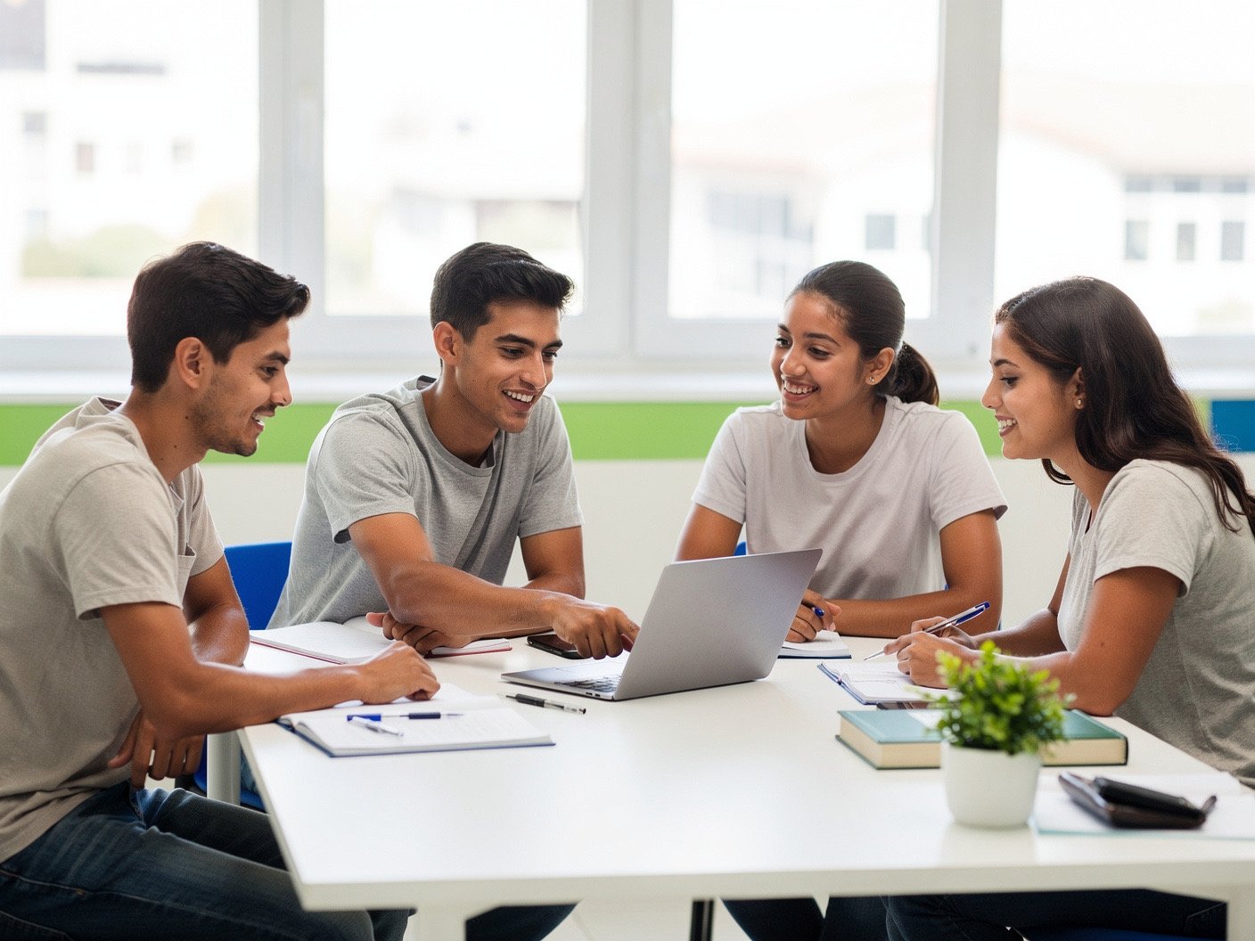 Estudiantes revisando juntos cursos virtuales en un portátil