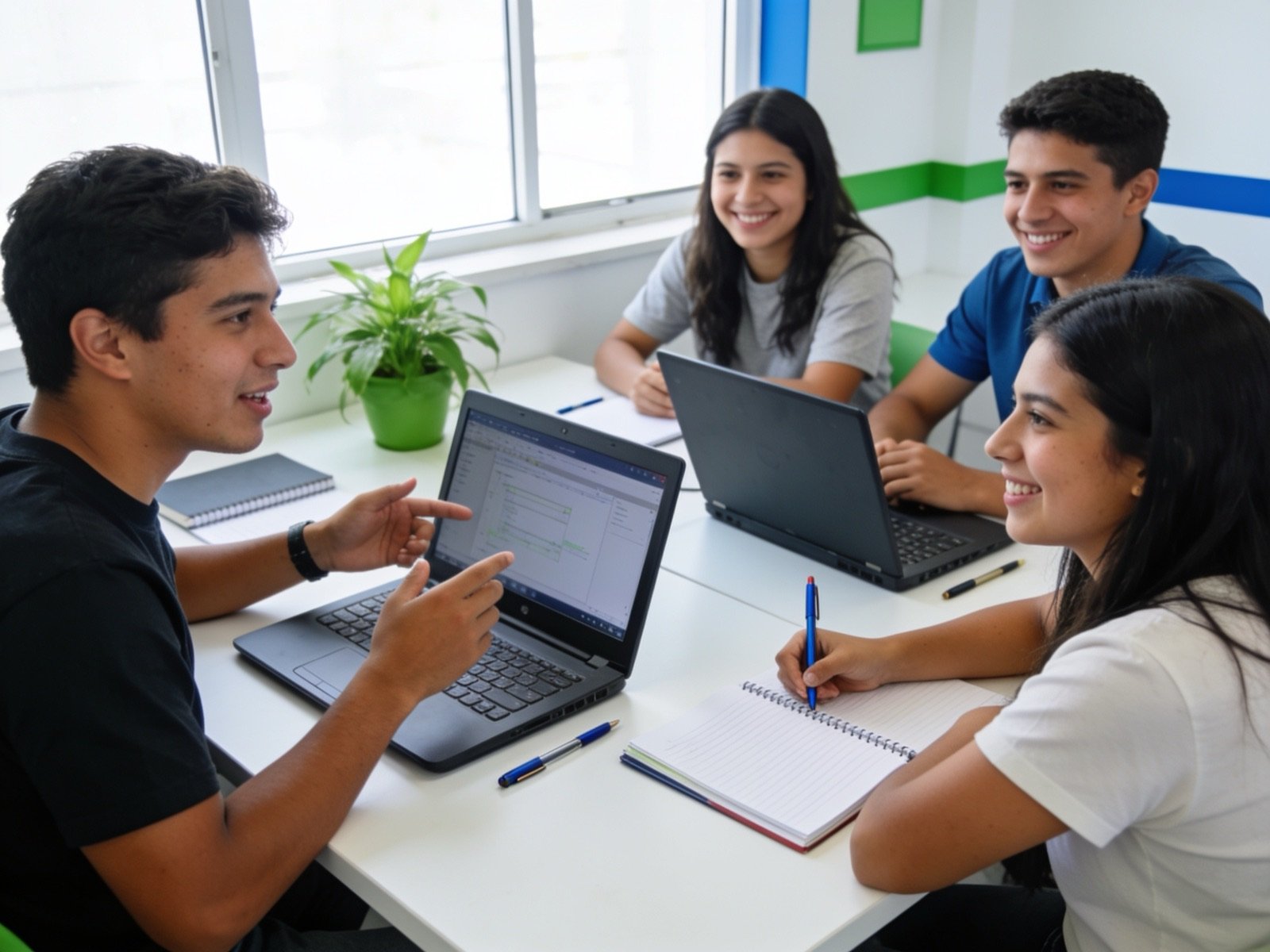 Joven estudiando un curso virtual en su portátil desde casa