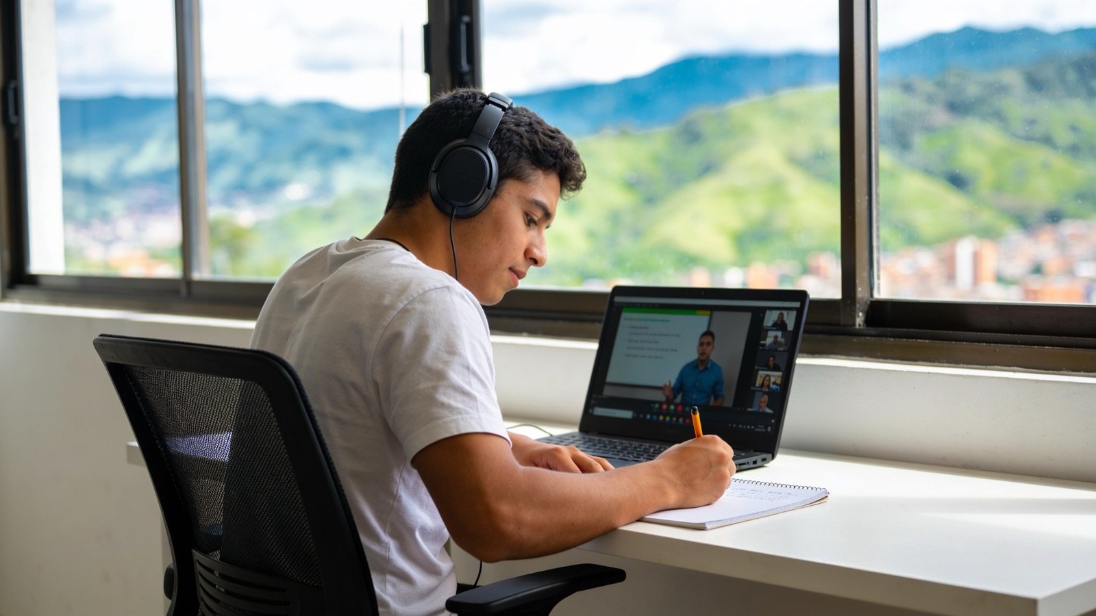 Aprendiz tomando una clase virtual en su portátil con audífonos